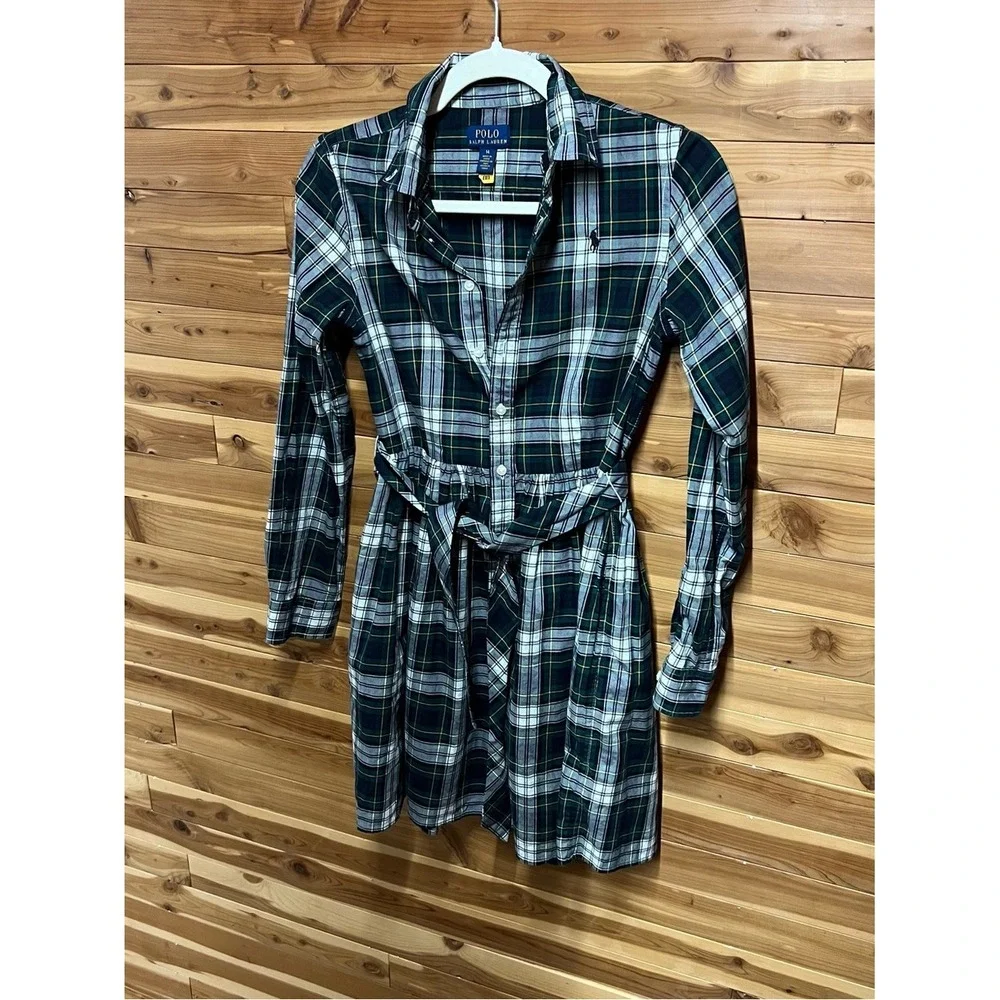 Polo Ralph Lauren girls' plaid cotton twill shirtdress with a tie-waist belt